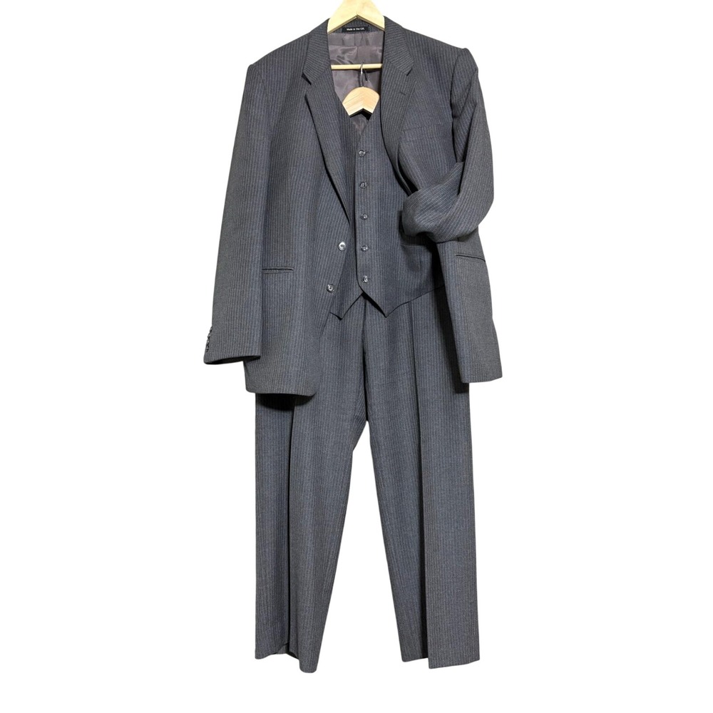 Vtg St Michael Men Pinstripe Suit 42R* 3 Piece Wool Gray Jacket Vest Pant 40x29